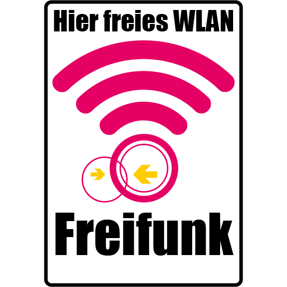 Fensteraufkleber „Hier freies WLAN: Freifunk“, Freifunklogo mit ausgehenden, stilisierten Funkwellen. CC BY-SA, wiki.freifunk.net-Nutzer Derlot